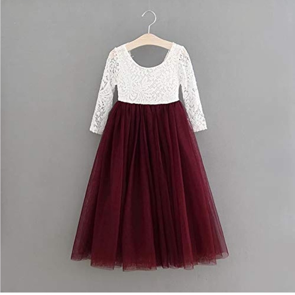 Lace back flower girl dress in plum/burgundy. 12-24 months
